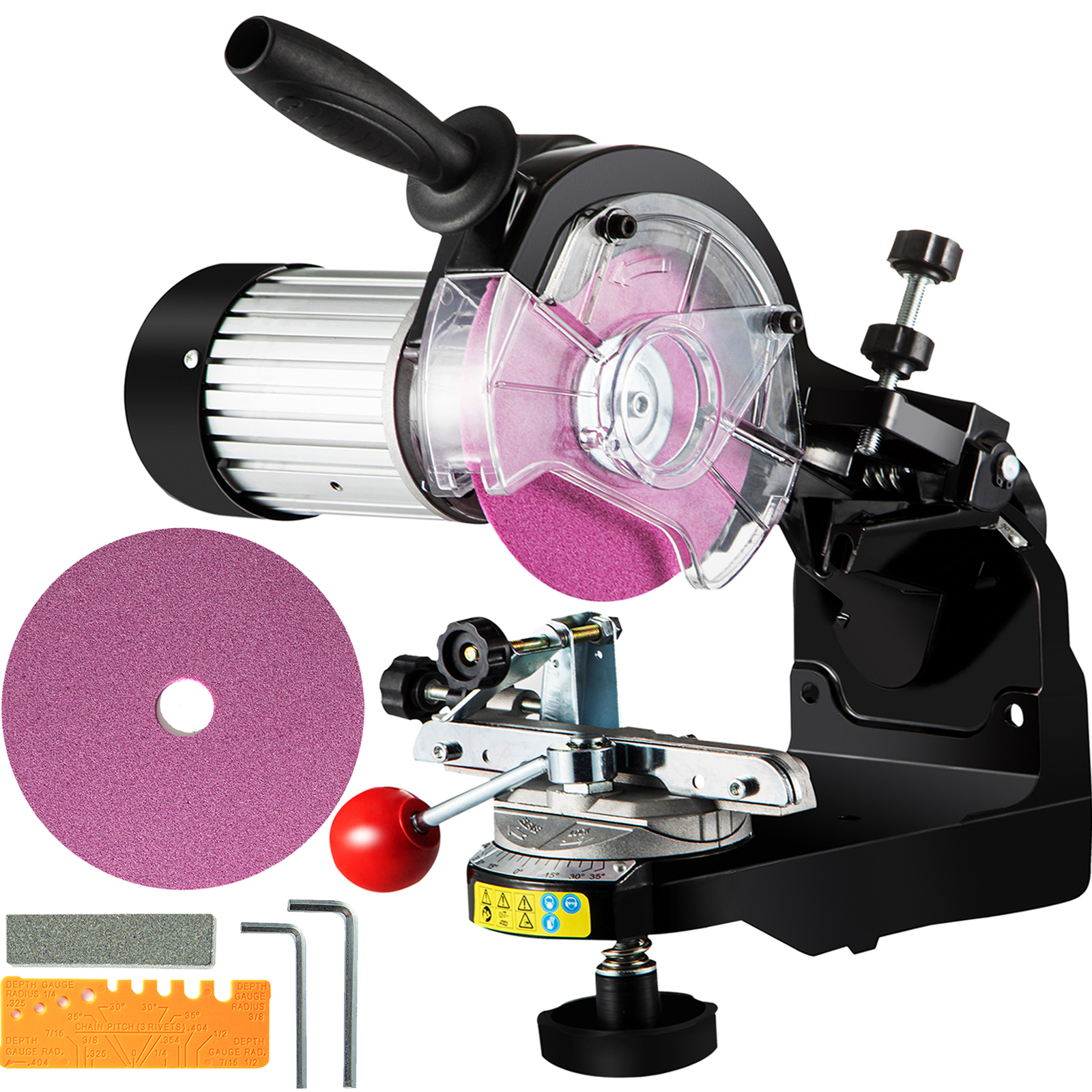 VEVOR electric chainsaw sharpener with pink grinding wheel and accessories.