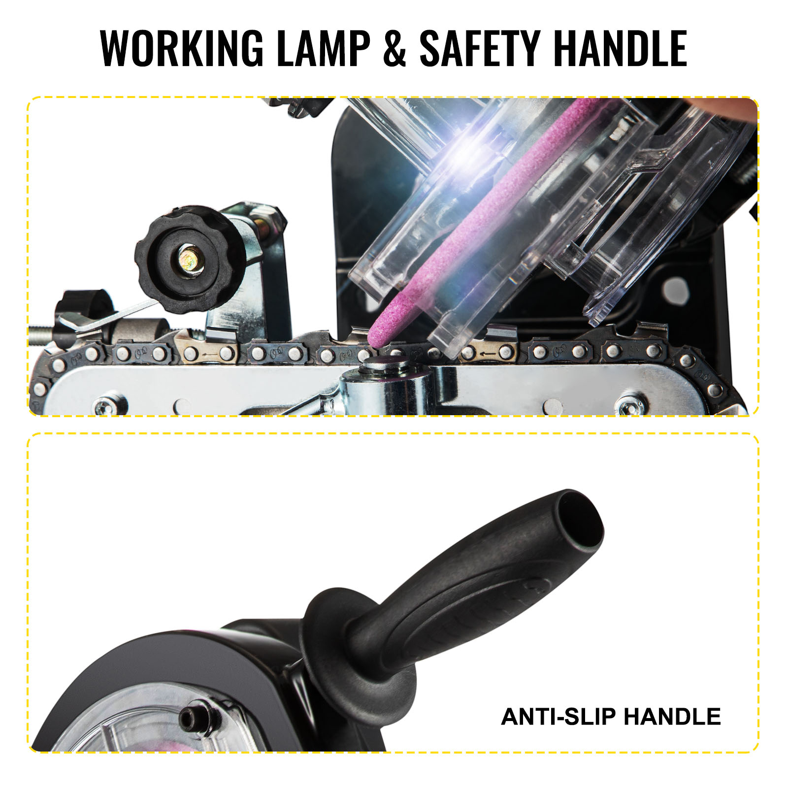 VEVOR electric chainsaw sharpener with working lamp and anti-slip handle.
