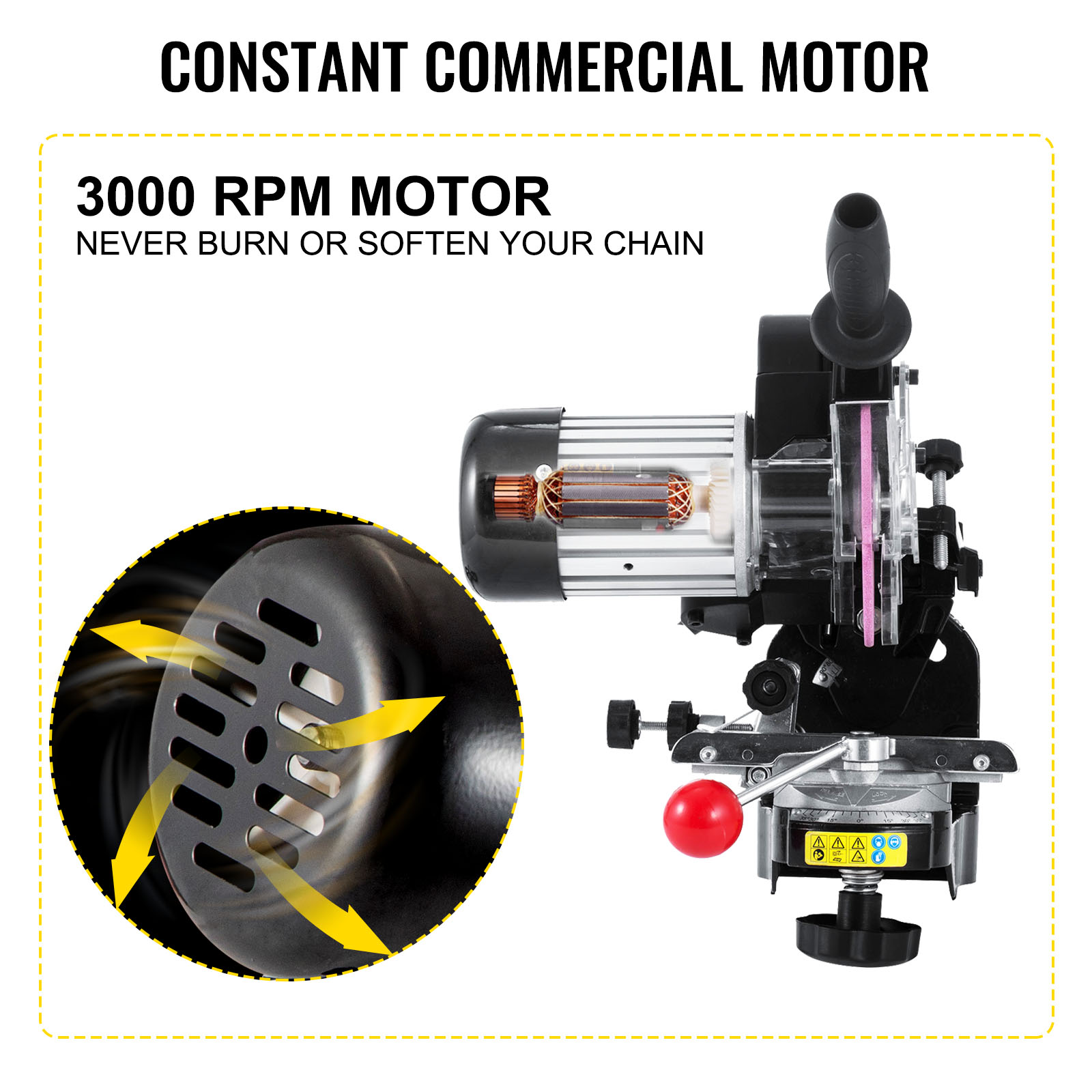 VEVOR electric chainsaw sharpener with 3000 rpm motor for constant commercial use.