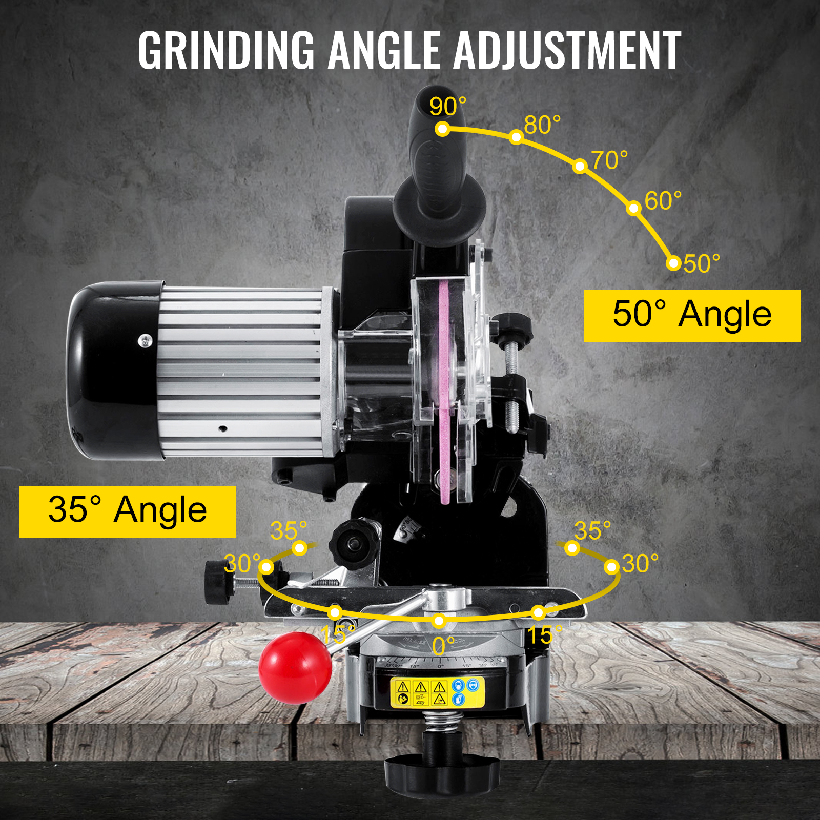 VEVOR electric chainsaw sharpener with adjustable grinding angles from 30° to 90°.