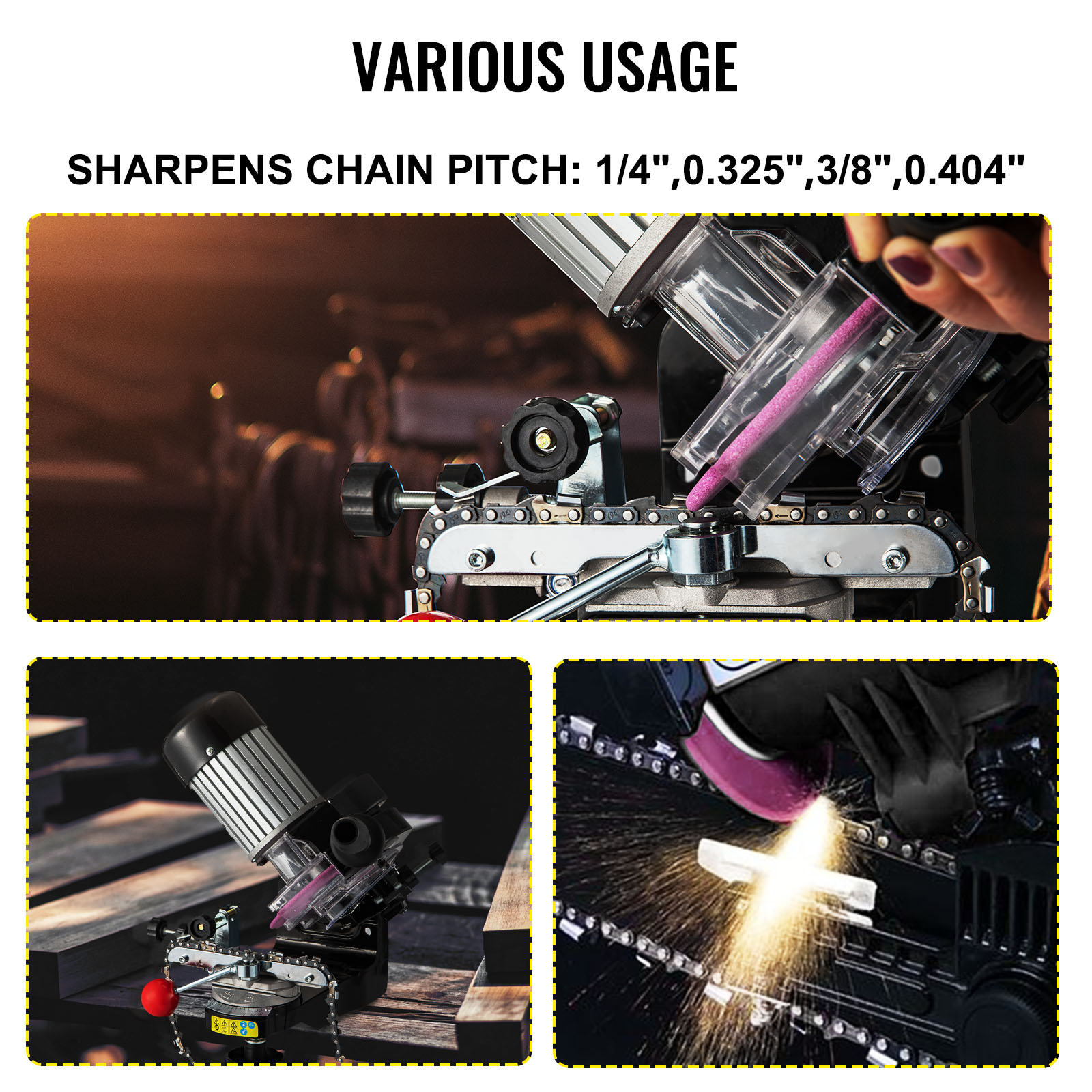 VEVOR electric chainsaw sharpener for various chain pitches: 1/4", 0.325", 3/8", 0.404".