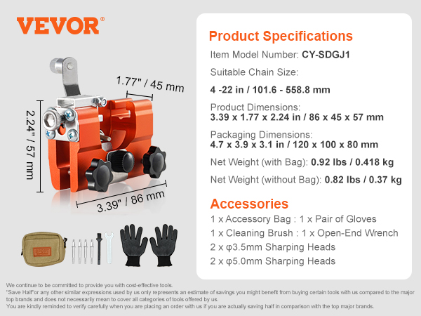 VEVOR chainsaw sharpener, model cy-sdgj1 with gloves, wrench, storage bag, and drill bits.