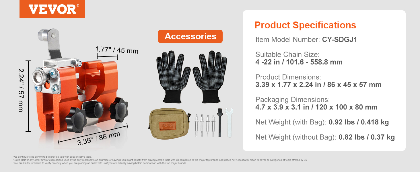 VEVOR chainsaw sharpener, model cy-sdgj1 with gloves, wrench, storage bag, and drill bits.