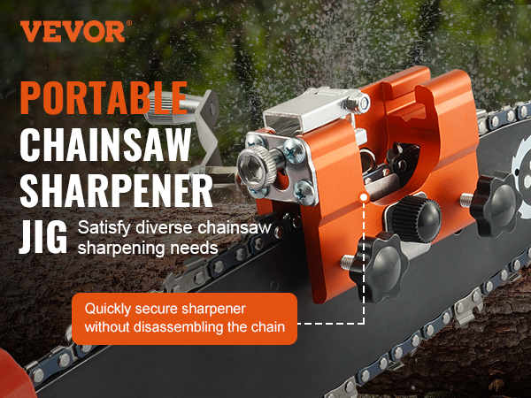 VEVOR chainsaw sharpener jig quickly secures for sharpening without disassembling the chain.