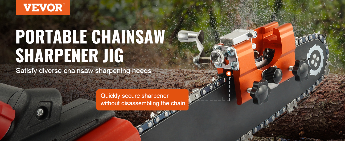VEVOR chainsaw sharpener jig quickly secures for sharpening without disassembling the chain.