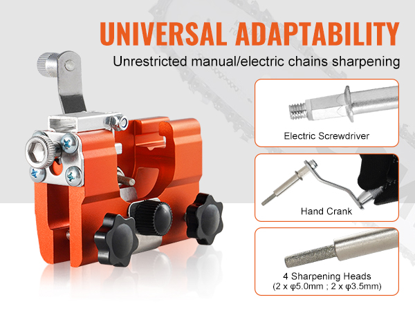 VEVOR chainsaw sharpener, electric screwdriver, hand crank, and four sharpening heads for chains.