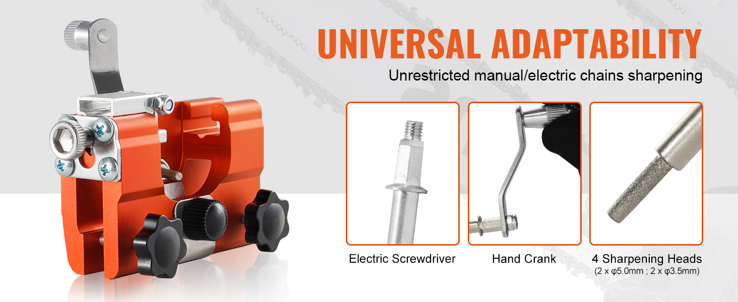 VEVOR chainsaw sharpener, electric screwdriver, hand crank, and four sharpening heads for chains.