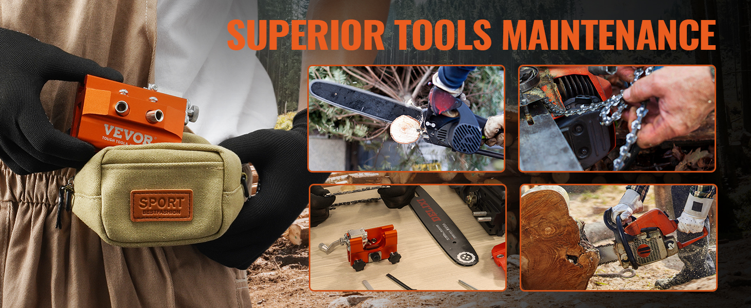 superior tools maintenance for chainsaws with VEVOR chainsaw sharpener in various outdoor setups.