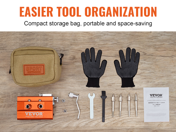 VEVOR chainsaw sharpener with accessories, compact storage bag, gloves, tools, and chainsaw blades.
