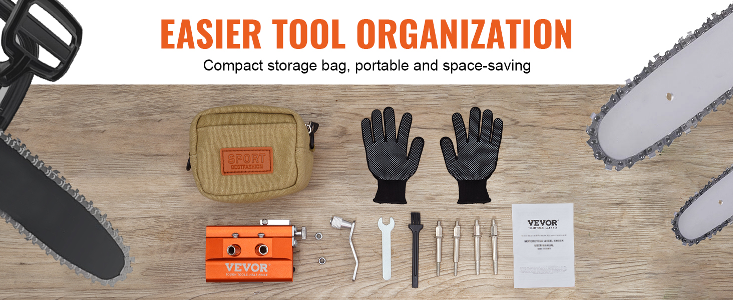 VEVOR chainsaw sharpener with accessories, compact storage bag, gloves, tools, and chainsaw blades.