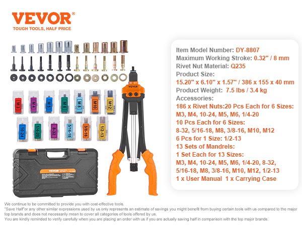 VEVOR rivet nut tool kit with interchangeable mandrels, rivet nuts, and carrying case.