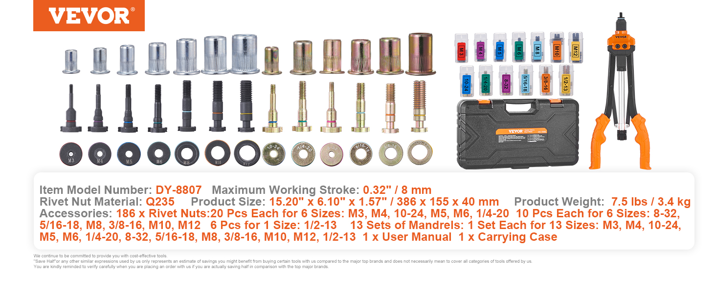 VEVOR rivet nut tool kit with interchangeable mandrels, rivet nuts, and carrying case.