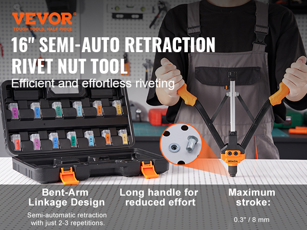VEVOR rivet nut tool with long handle, 16" semi-auto retraction, and color-coded storage case.