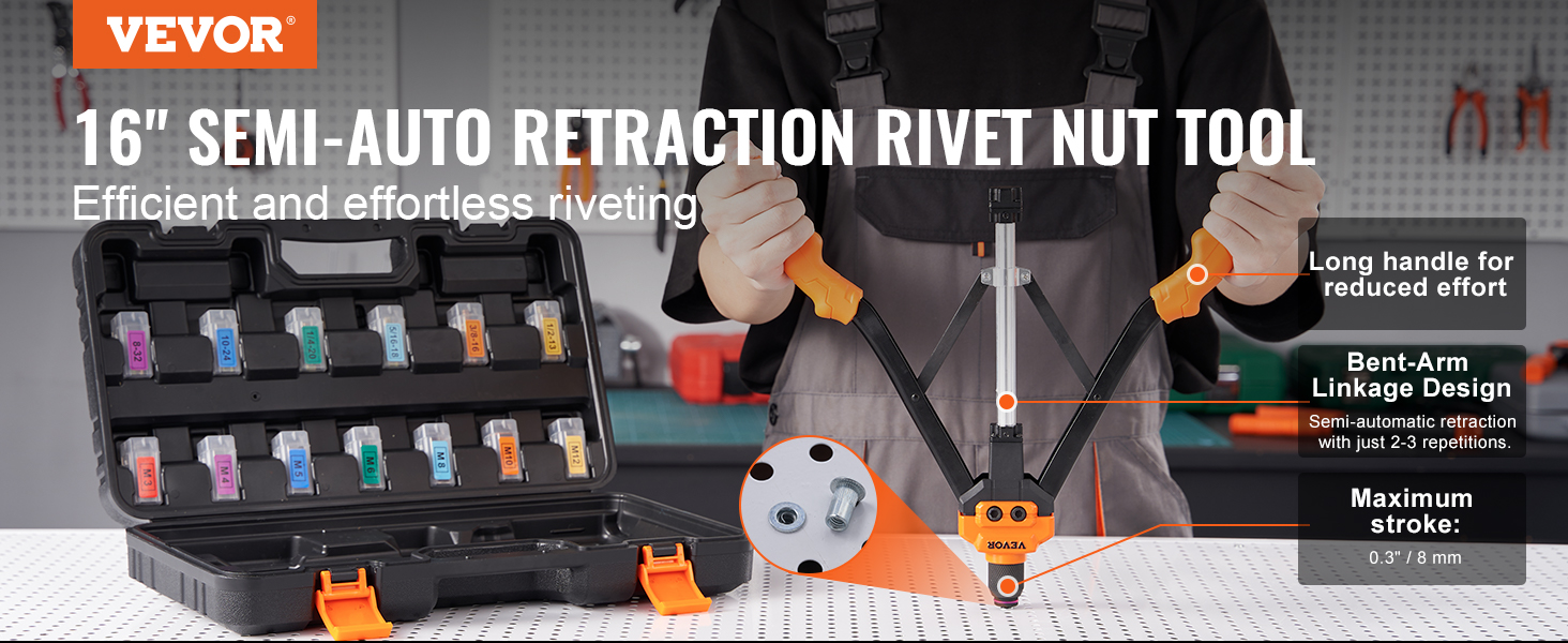 VEVOR rivet nut tool with long handle, 16" semi-auto retraction, and color-coded storage case.