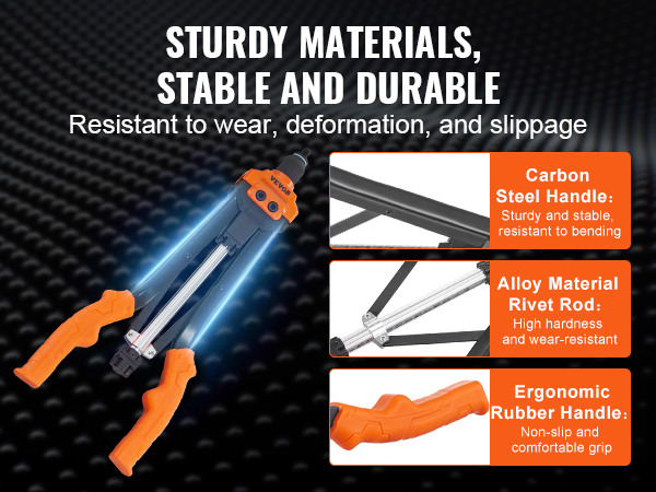 VEVOR rivet nut tool with ergonomic rubber handle, carbon steel handle, and alloy material rivet rod.