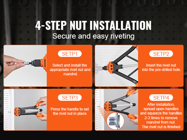 4-step nut installation with VEVOR rivet nut tool: secure and easy riveting instructions.
