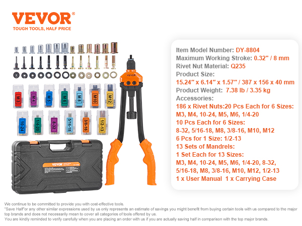 VEVOR rivet nut tool set with various rivet nuts, mandrels, and carrying case. product model: dy-8804.