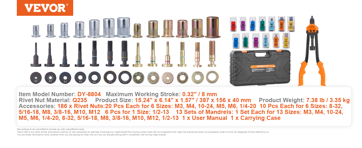 VEVOR rivet nut tool set with various rivet nuts, mandrels, and carrying case. product model: dy-8804.