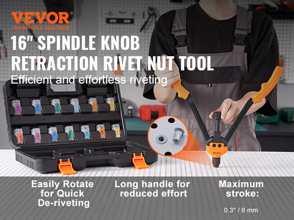 VEVOR rivet nut tool with long handle, storage case, and easy rotation for quick de-riveting.