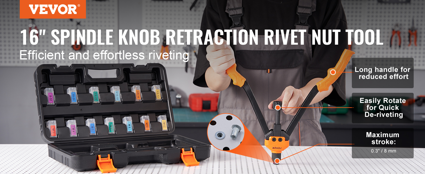 VEVOR rivet nut tool with long handle, storage case, and easy rotation for quick de-riveting.