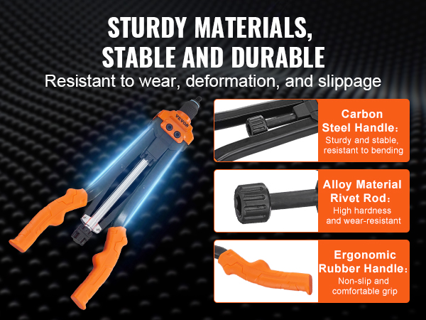 sturdy VEVOR rivet nut tool with ergonomic rubber handle, alloy rivet rod, and carbon steel handle.