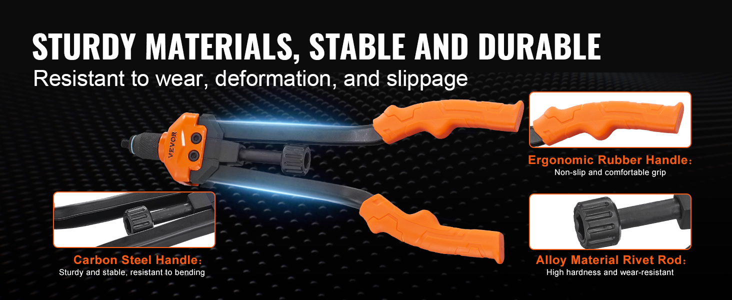 sturdy VEVOR rivet nut tool with ergonomic rubber handle, alloy rivet rod, and carbon steel handle.