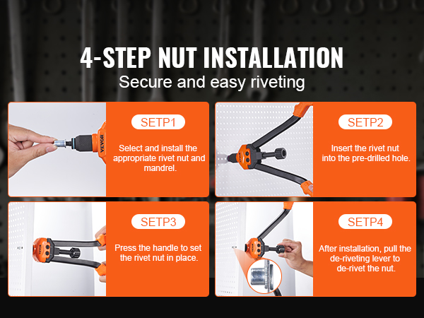 4-step installation guide for VEVOR rivet nut tool with secure and easy riveting instructions.