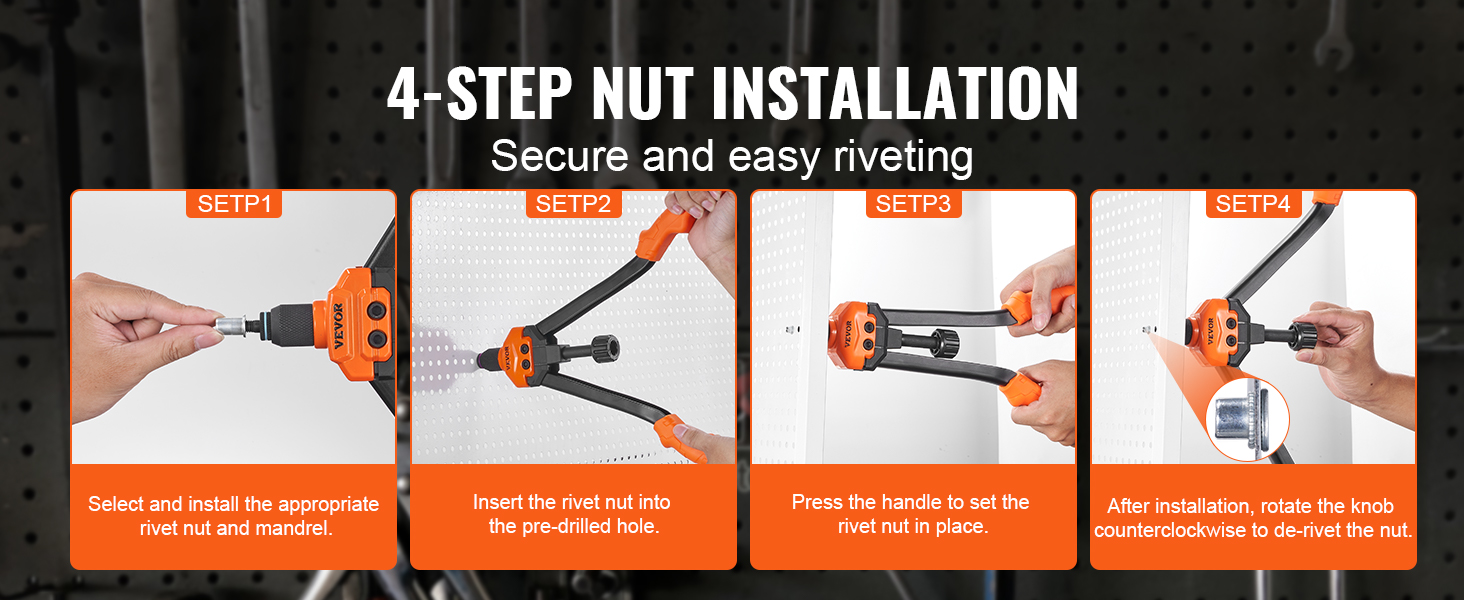 4-step installation guide for VEVOR rivet nut tool with secure and easy riveting instructions.
