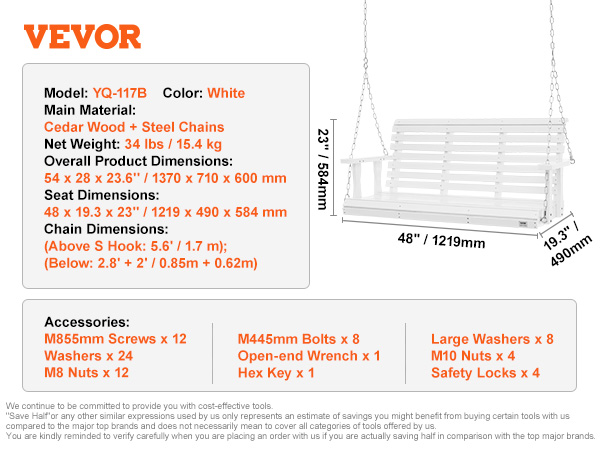 VEVOR wooden porch swing with steel chains, white cedar, overall dimensions 54x28x23.6 inches.