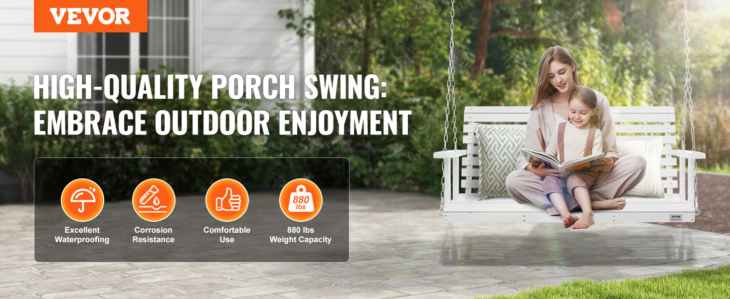VEVOR wooden porch swing with mother and child, showcasing outdoor enjoyment, comfort, and durability.