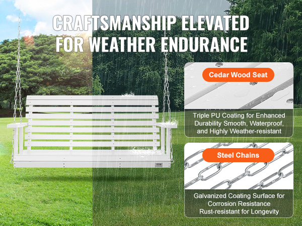 VEVOR wooden porch swing with cedar wood seat and steel chains in a lush green park under rain.