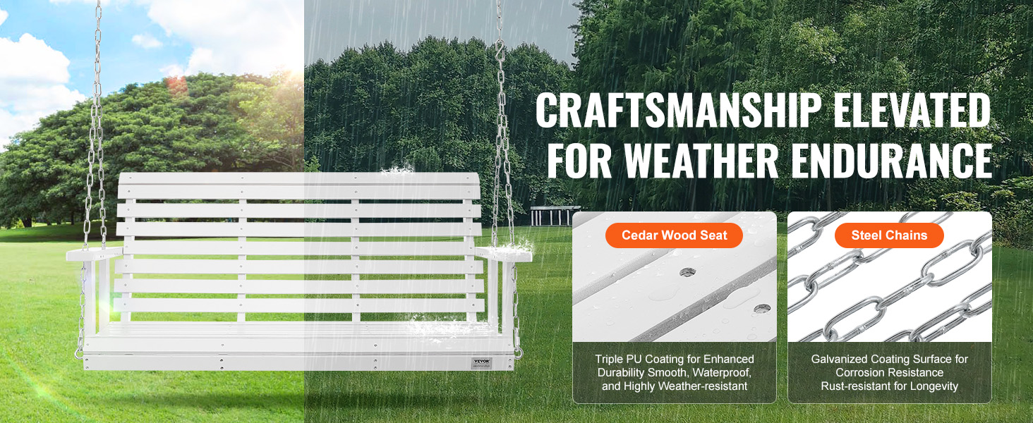 VEVOR wooden porch swing with cedar wood seat and steel chains in a lush green park under rain.