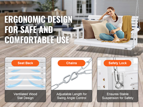 VEVOR wooden porch swing with ergonomic design, ventilated wood slat seat, chains, and safety lock.