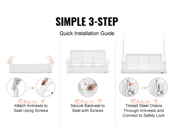 simple 3-step guide to install VEVOR wooden porch swing: attach armrests, secure backrest, and connect chains.