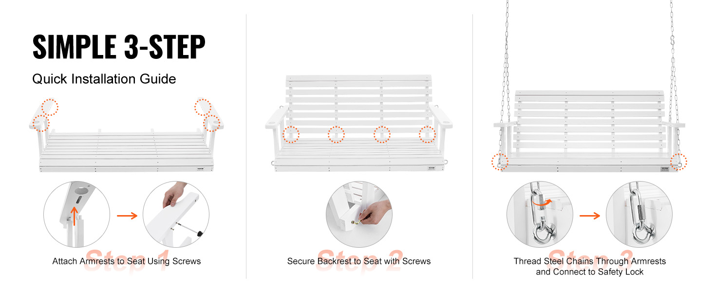 simple 3-step guide to install VEVOR wooden porch swing: attach armrests, secure backrest, and connect chains.