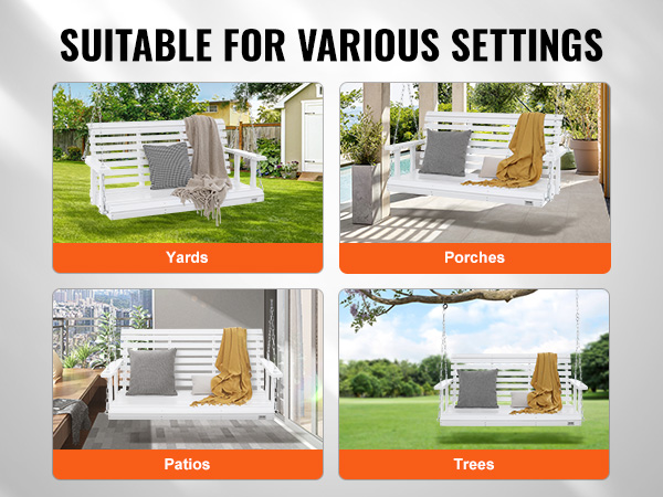 VEVOR wooden porch swing displayed in yards, porches, patios, and trees; versatile seating solution.