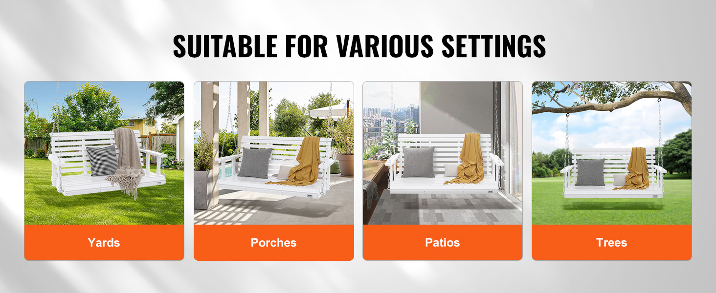 VEVOR wooden porch swing displayed in yards, porches, patios, and trees; versatile seating solution.