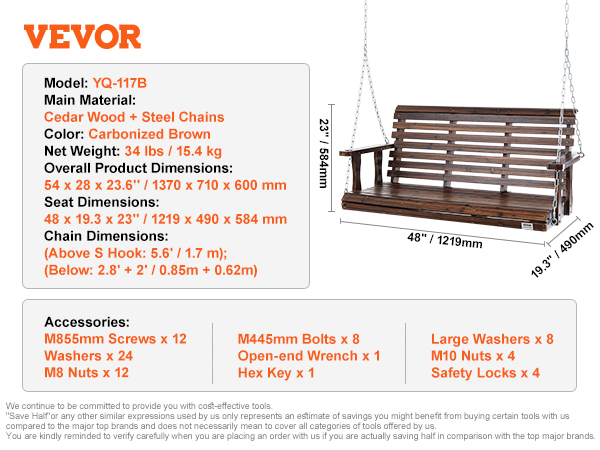 VEVOR wooden porch swing made of cedar wood with steel chains, carbonized brown, 45"x19.3"x23".