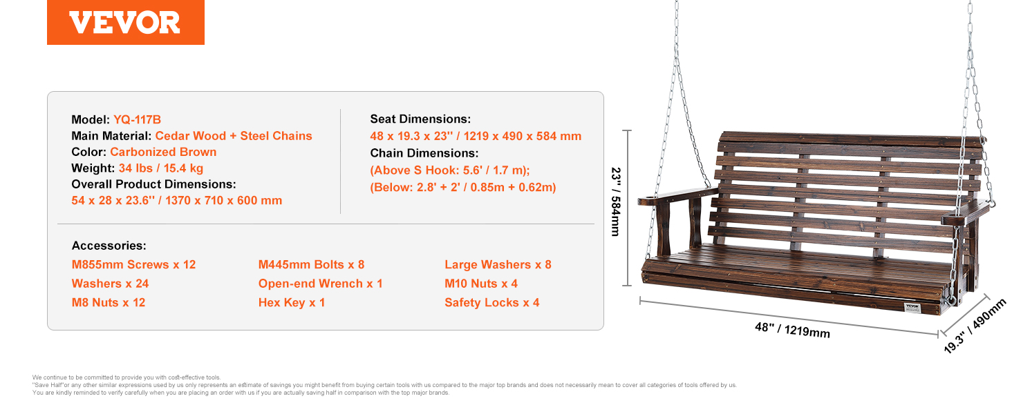 VEVOR wooden porch swing made of cedar wood with steel chains, carbonized brown, 45"x19.3"x23".