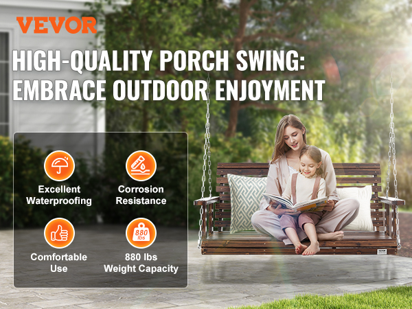 VEVOR wooden porch swing showcased outdoors with features like waterproofing and corrosion resistance.