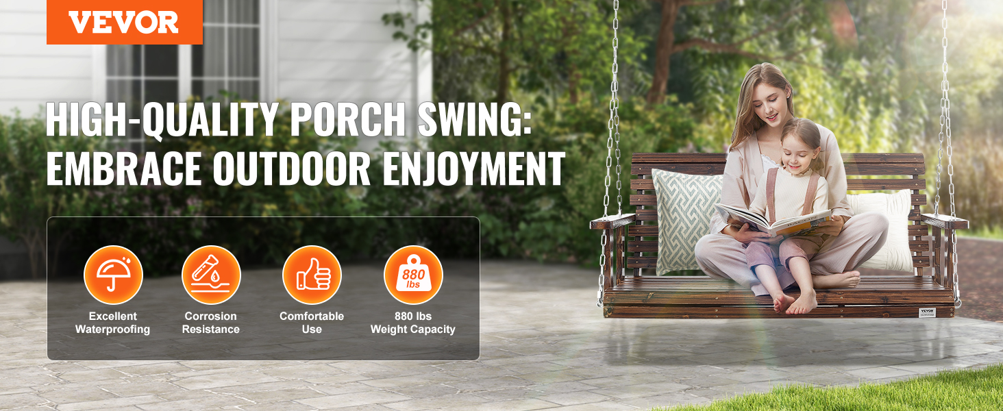 VEVOR wooden porch swing showcased outdoors with features like waterproofing and corrosion resistance.