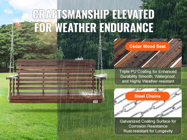 VEVOR wooden porch swing with cedar wood seat and steel chains, designed for weather endurance.