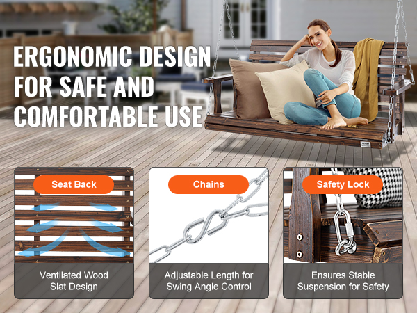 VEVOR wooden porch swing with ergonomic design, ventilated wood slat seat, adjustable chains, and safety lock.