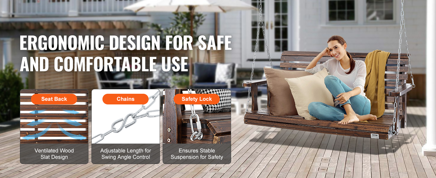 VEVOR wooden porch swing with ergonomic design, ventilated wood slat seat, adjustable chains, and safety lock.