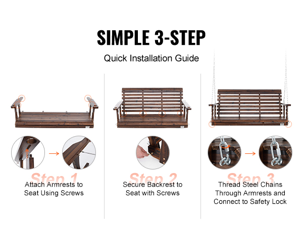 VEVOR wooden porch swing installation guide showing steps to attach armrests, secure backrest, and connect chains.