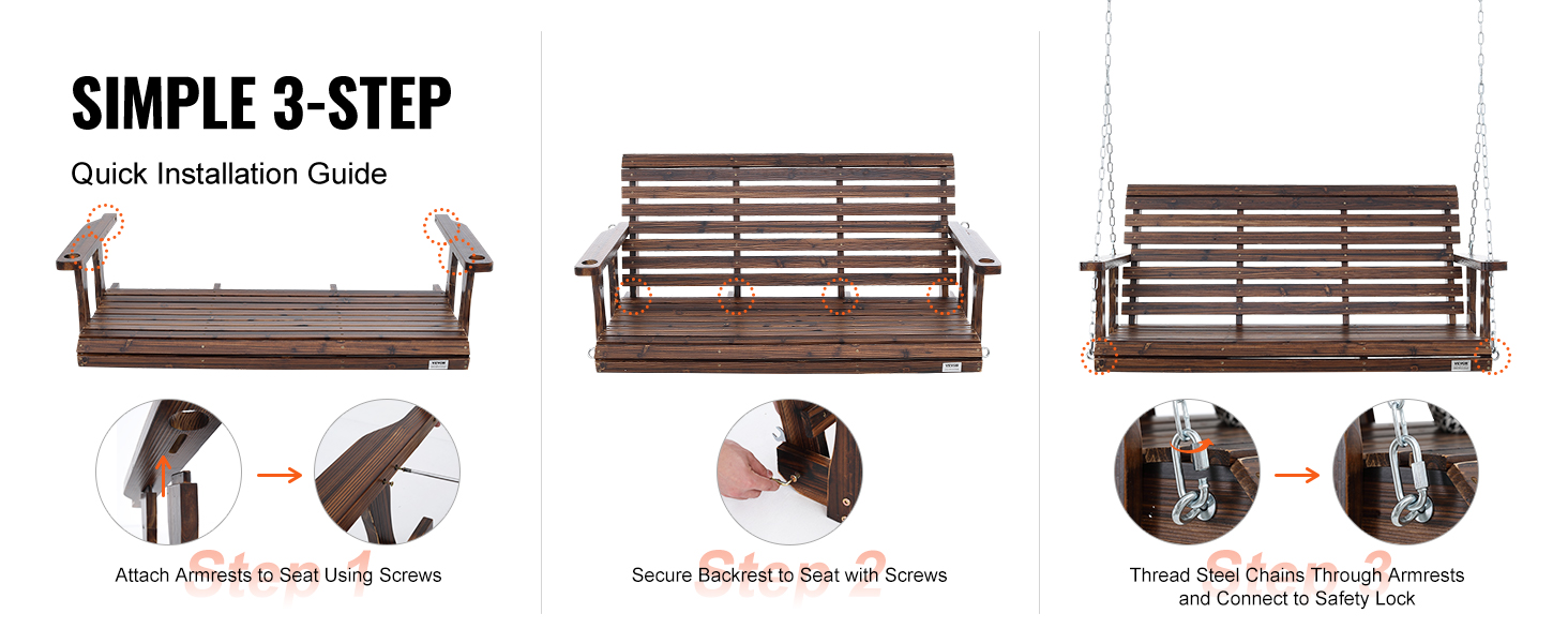 VEVOR wooden porch swing installation guide showing steps to attach armrests, secure backrest, and connect chains.