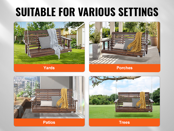 VEVOR wooden porch swing shown in yards, porches, patios, and trees, suitable for various settings.