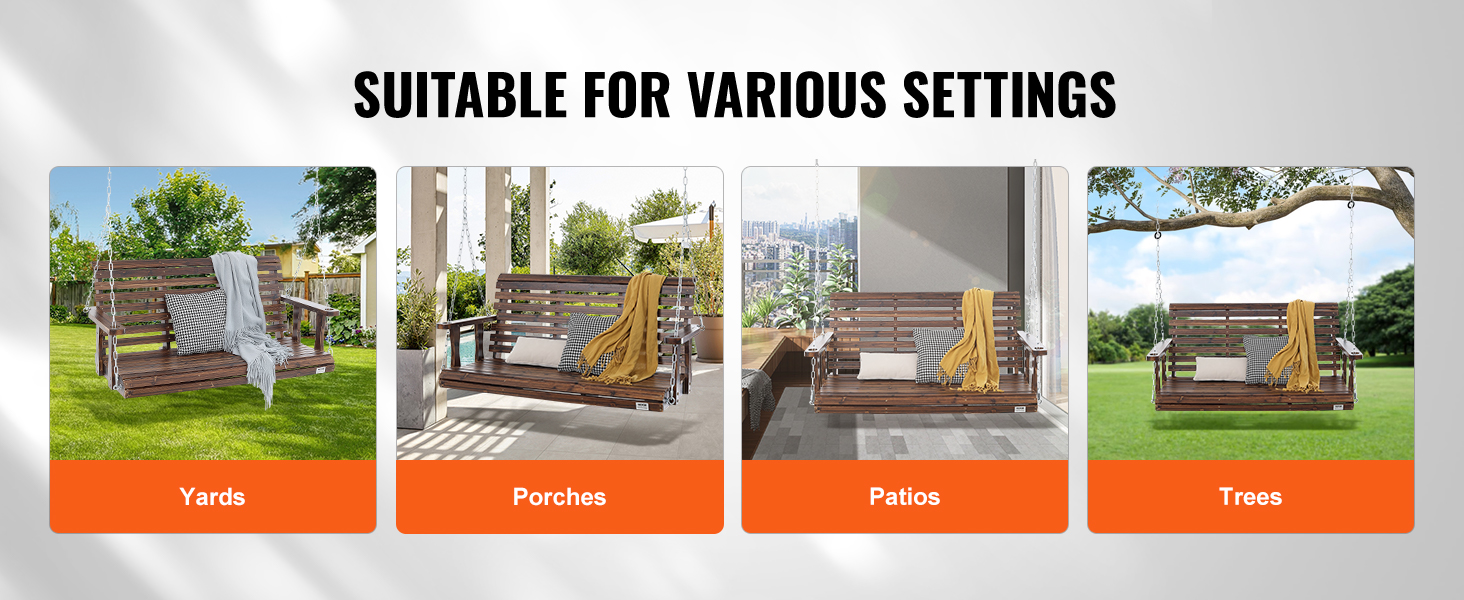 VEVOR wooden porch swing shown in yards, porches, patios, and trees, suitable for various settings.
