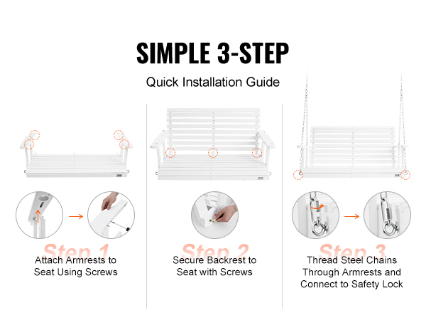 simple 3-step guide showing installation of VEVOR wooden porch swing with armrests, backrest, and chains.