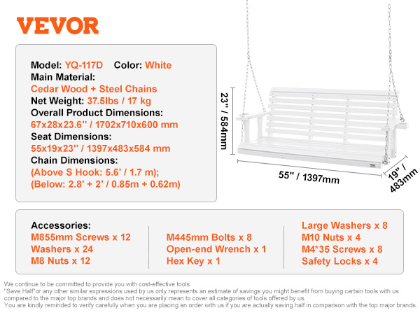 VEVOR wooden porch swing, white cedar wood, steel chains, 55"x19"x23" seat, 37.5 lbs weight, accessories included.
